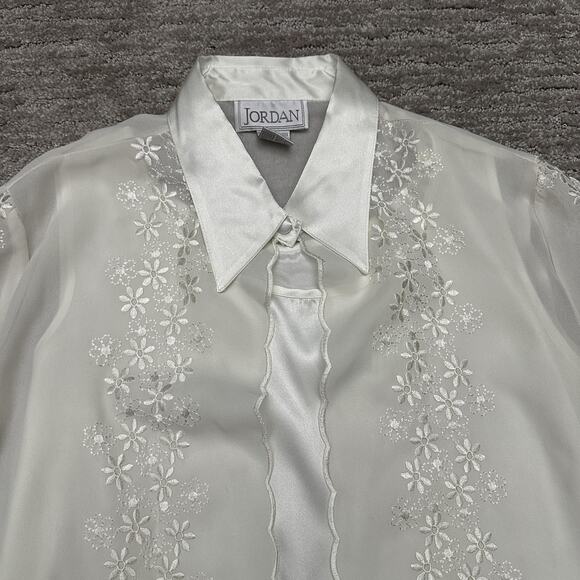 VTG Jordan Shirt Womens M Sheer Embroidered Floral Button Blouse Secretary 90s - Picture 3 of 16